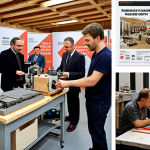 **Prompt:** A bustling Austrian SME (Small and Medium Enterprise) workshop. Skilled artisans are working with high-quality materials, blending traditional craftsmanship with modern technology. The atmosphere is energetic and innovative, showcasing Austria's commitment to specialized niche products. In the background, you can see subtle hints of government support programs posters.