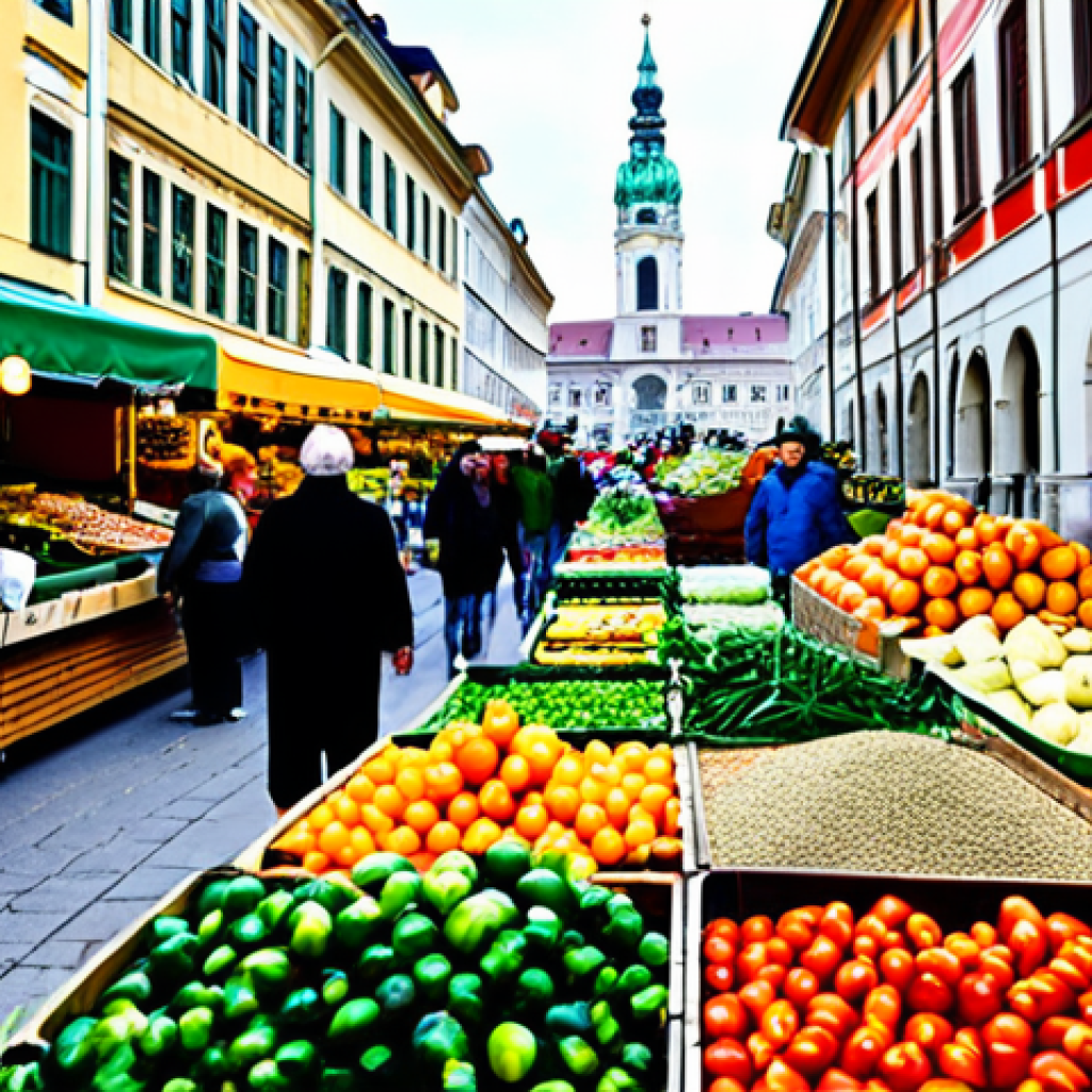 **
"A vibrant scene at the Naschmarkt in Vienna. Numerous stalls overflow with fresh produce, spices, and diverse foods. People are browsing and chatting, fully clothed in everyday attire. In the background, the architecture of Vienna is subtly visible. Safe for work, appropriate content, professional photography, perfect anatomy, natural proportions, modest dress, family-friendly."
**