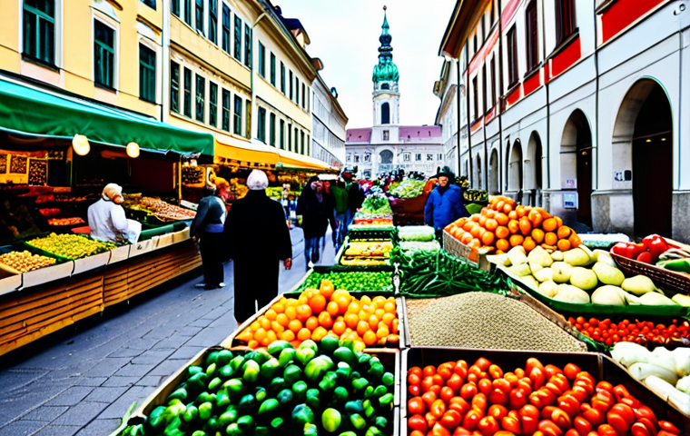 **
"A vibrant scene at the Naschmarkt in Vienna. Numerous stalls overflow with fresh produce, spices, and diverse foods. People are browsing and chatting, fully clothed in everyday attire. In the background, the architecture of Vienna is subtly visible. Safe for work, appropriate content, professional photography, perfect anatomy, natural proportions, modest dress, family-friendly."
**