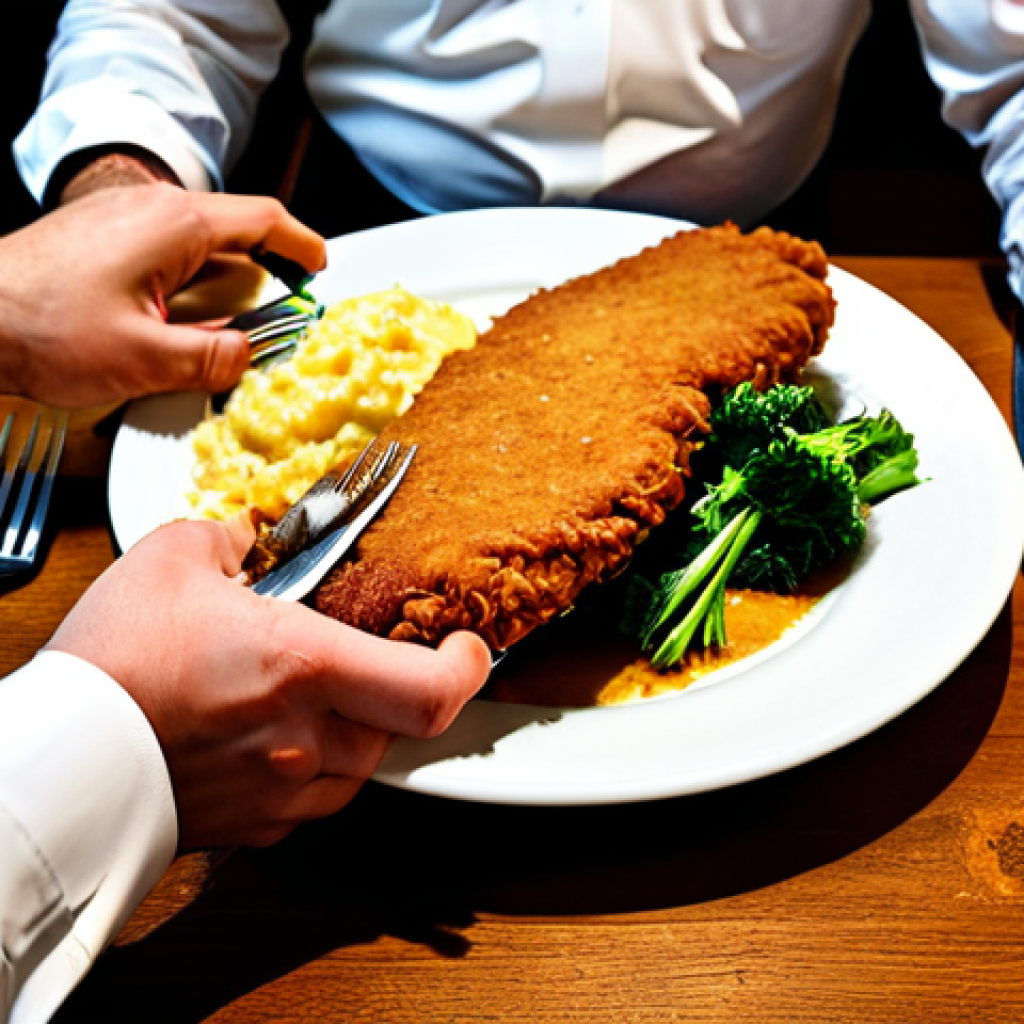 Figlmüller - The Giant Schnitzel**

"A busy, traditional Viennese restaurant scene, featuring an enormous *Wiener Schnitzel* overflowing a plate. The restaurant is bustling with patrons, fully clothed and in appropriate attire. Focus on the size and golden-brown color of the *Schnitzel*. Safe for work, appropriate content, professional food photography, perfect anatomy (of hands holding cutlery), natural proportions, high quality."

**