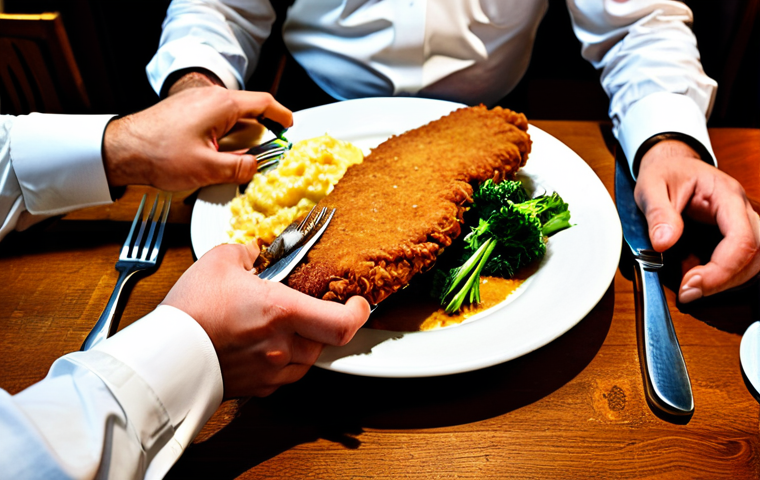 Figlmüller - The Giant Schnitzel**
"A busy, traditional Viennese restaurant scene, featuring an enormous *Wiener Schnitzel* overflowing a plate. The restaurant is bustling with patrons, fully clothed and in appropriate attire. Focus on the size and golden-brown color of the *Schnitzel*. Safe for work, appropriate content, professional food photography, perfect anatomy (of hands holding cutlery), natural proportions, high quality."
**
