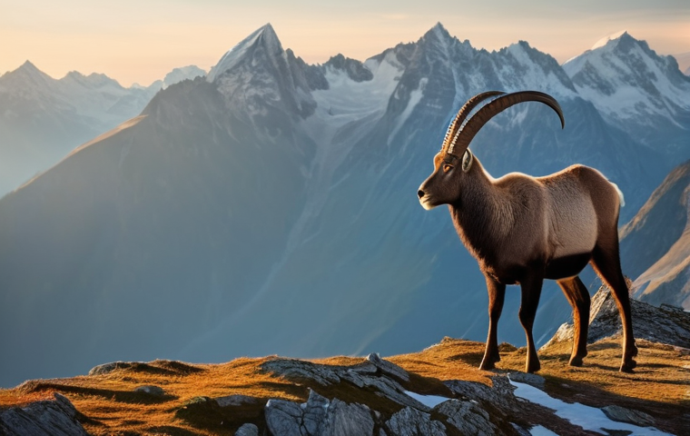 오스트리아의 희귀 동물 - **Majestic Alpine Ibex on a Precipice**
A breathtaking, hyperrealistic image of a powerful Alpin...