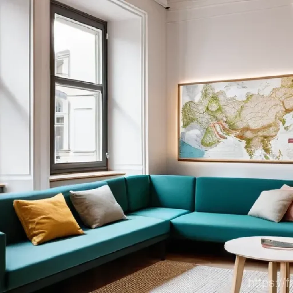 빈에서 저렴한 숙소 찾기 - **Modern Viennese Hostel Common Area:** A vibrant, brightly lit common area in a contemporary design...