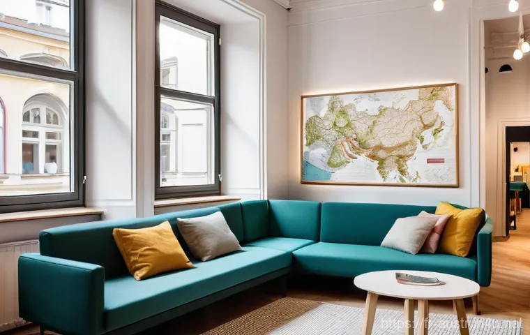 빈에서 저렴한 숙소 찾기 - **Modern Viennese Hostel Common Area:** A vibrant, brightly lit common area in a contemporary design...